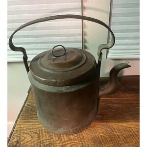 Antique Primitive Dovetail Copper Teakettle Gooseneck Spout Tin Lining 8.5" Dia
